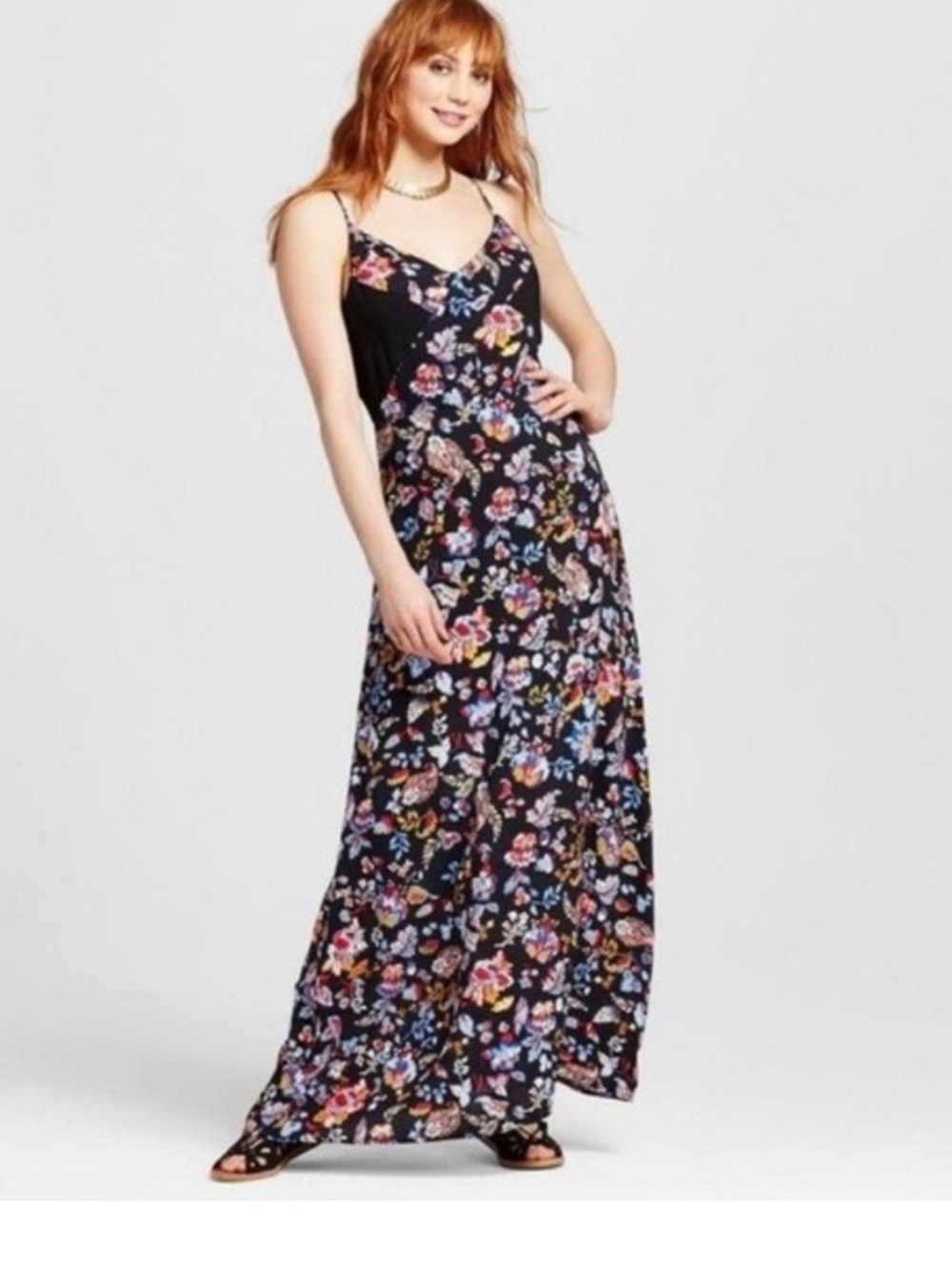 Xhilaration Women’s L Floral Paisley Maxi Dress Black Blue Red Flowy